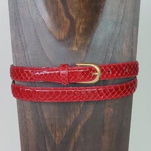 Harvé Benard red genuine snakeskin skinny belt, size L, 34" length, 3/4" wide